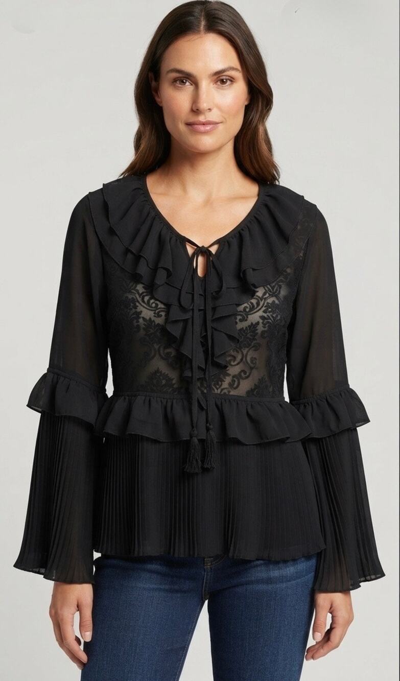Romeo & Juliet Couture Black Chiffon Ruffle Blouse Pleat Bell Sleeves Oversize M